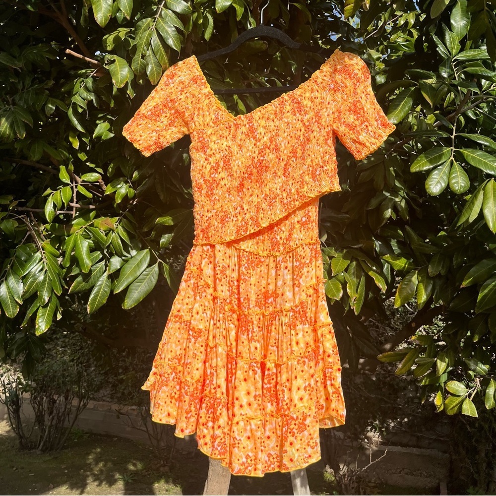 NWT POUPETTE ST BARTH orange floral smocked layered short sleeve tiered ruffle
